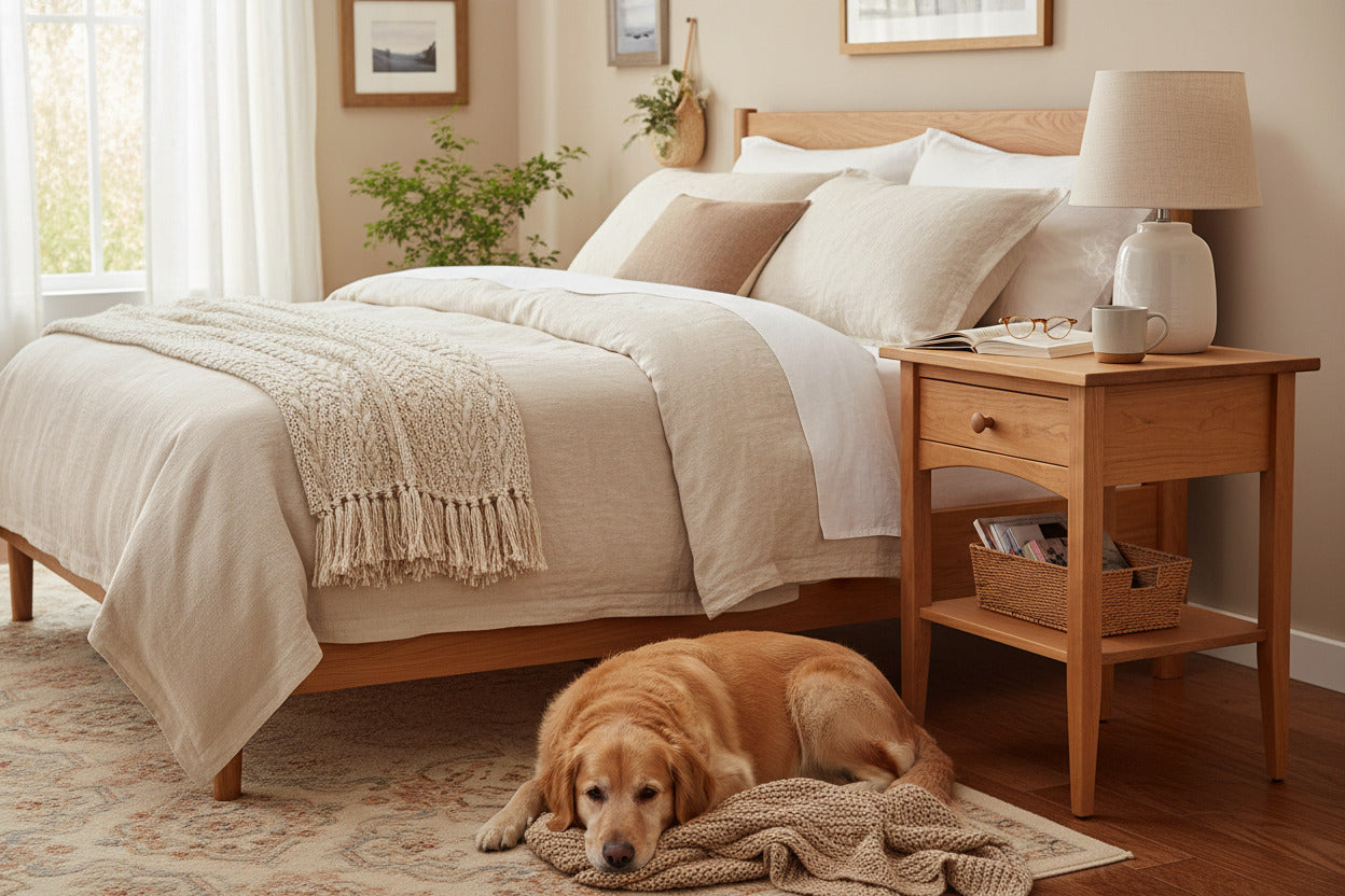 Wooden side table with a drawer on a white background
