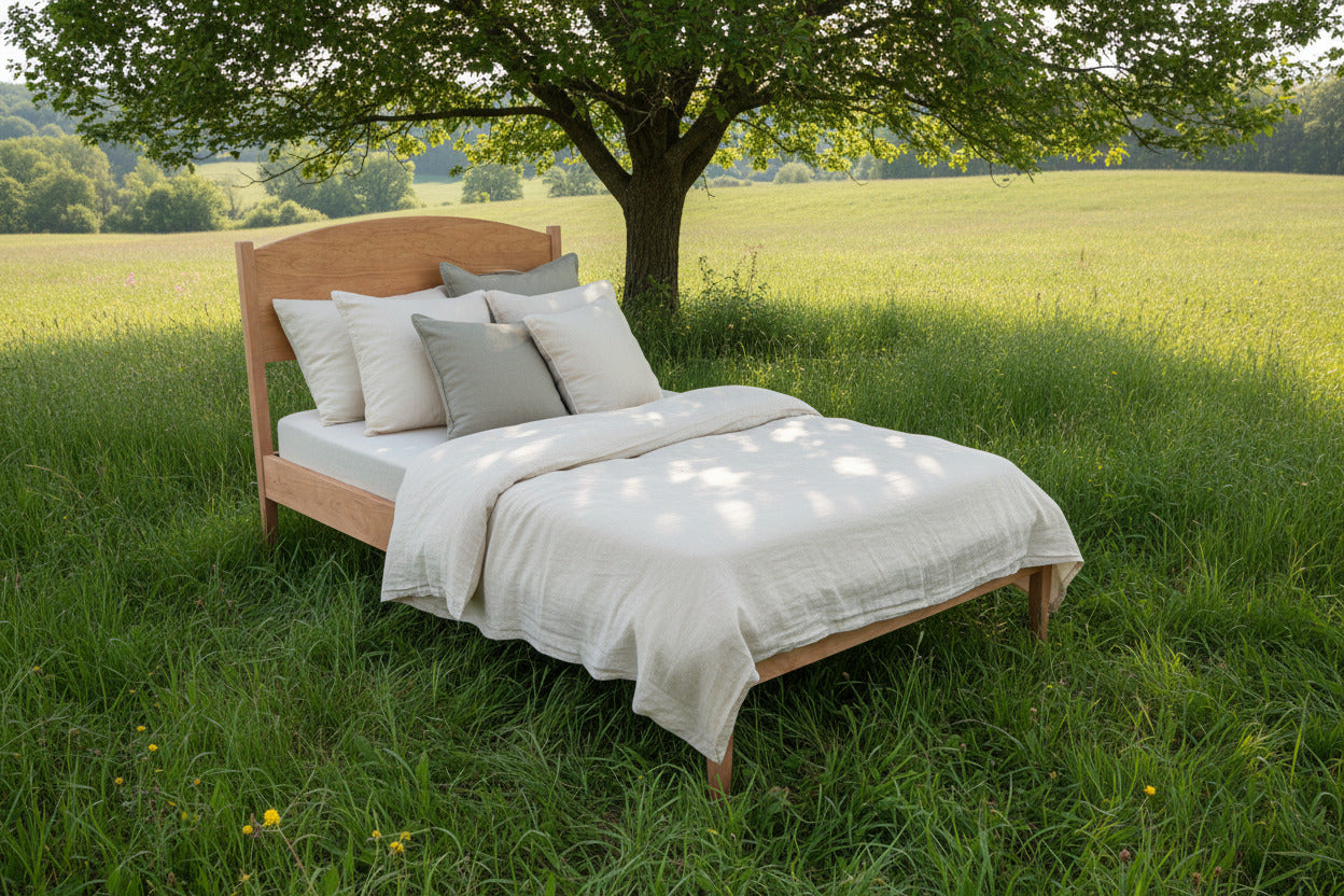 Wooden bed frame with slats on a white background